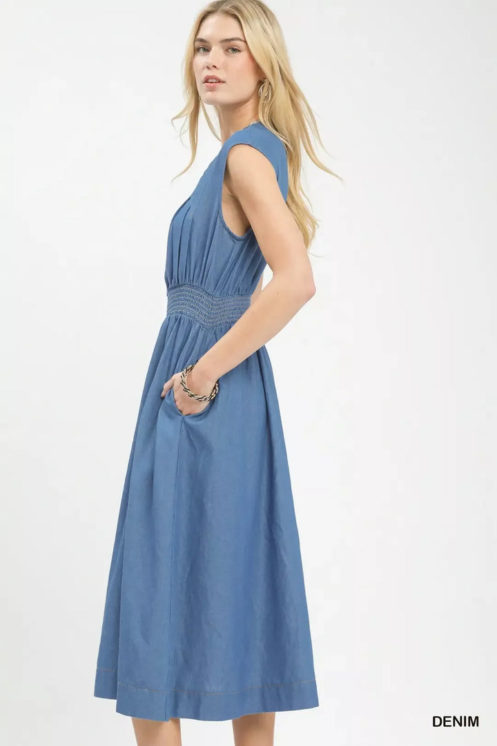 Sleeveless zip-front denim midi dress with smocked waist
