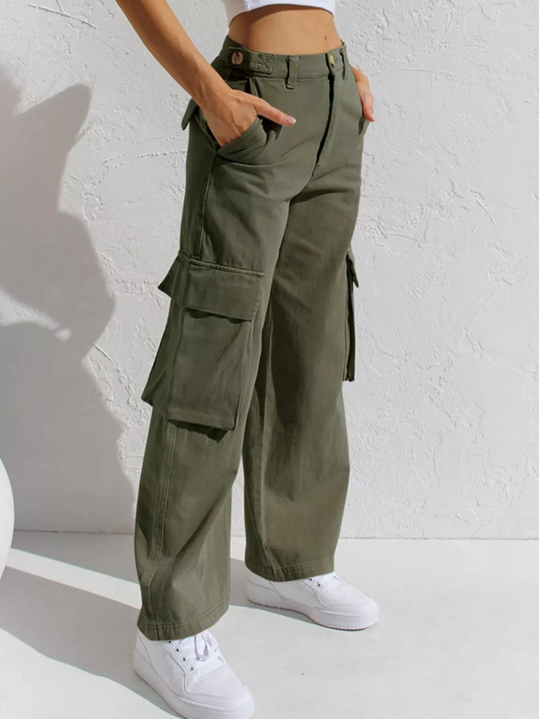 Green High-rise wide-leg cargo jeans with flap pockets