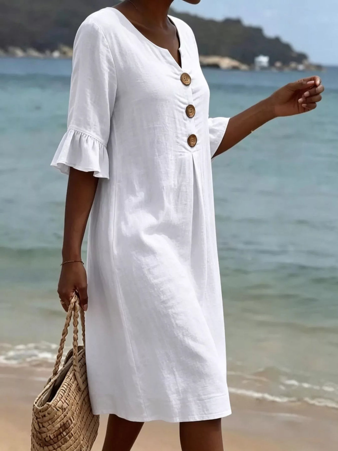 Flounce sleeve button-front pleated midi dress