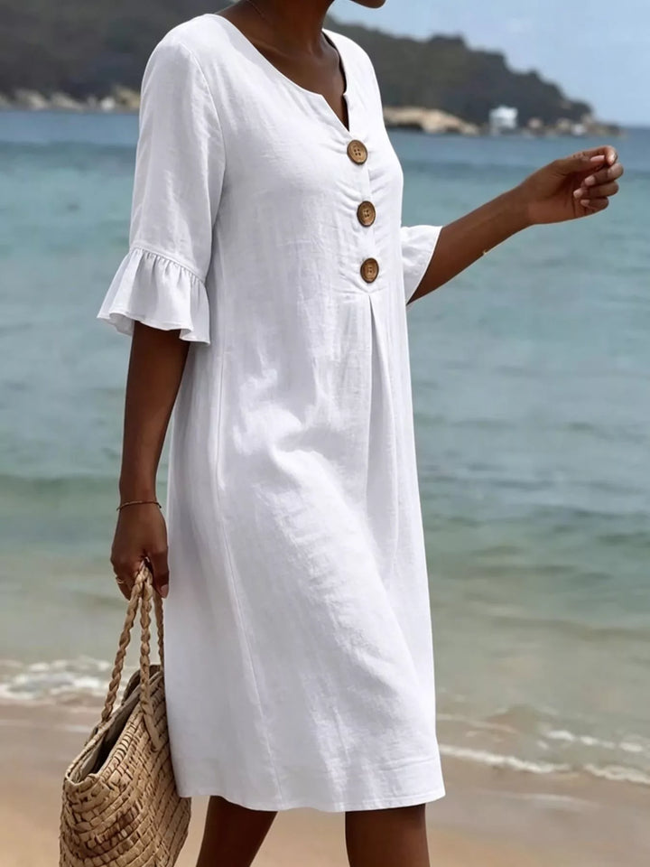 Flounce sleeve button-front pleated midi dress