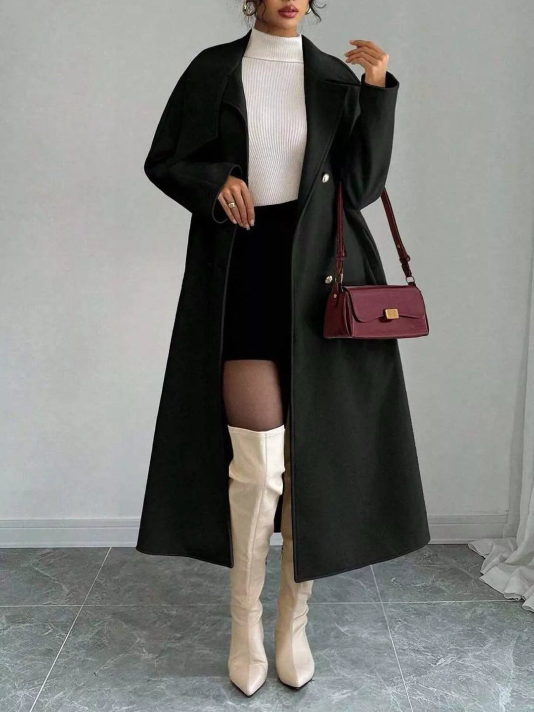 Black Double-breasted belted longline coat with stand collar
