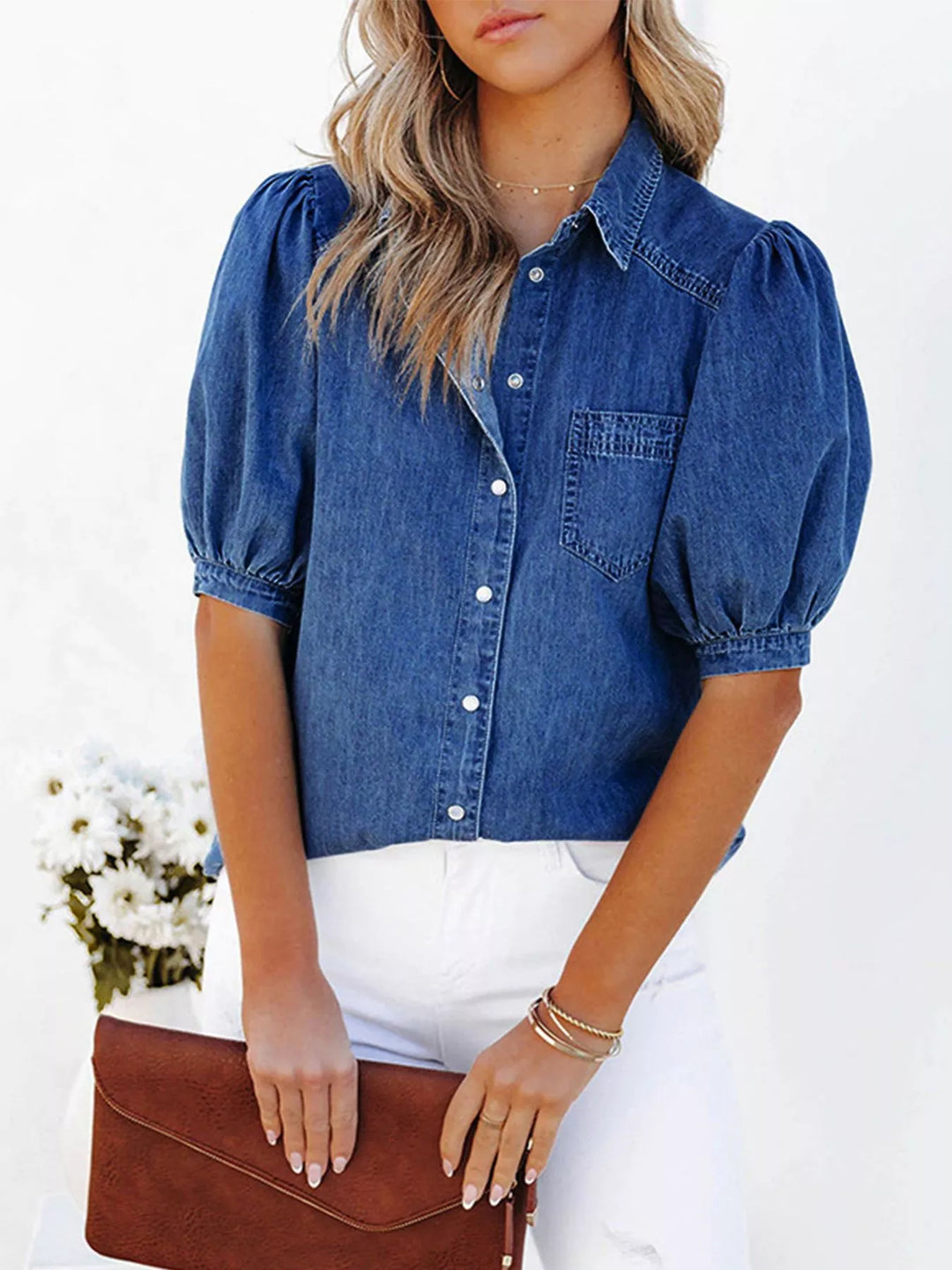 Navy Puff sleeve button-down denim shirt with chest pocket