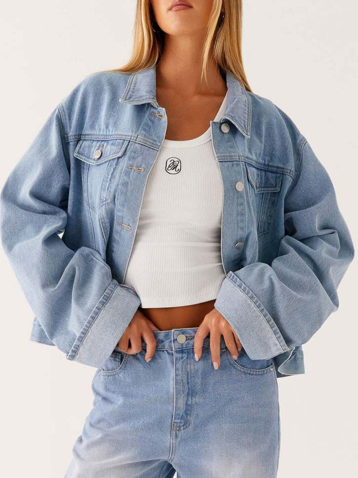 Oversized cropped denim jacket with chest flap pockets