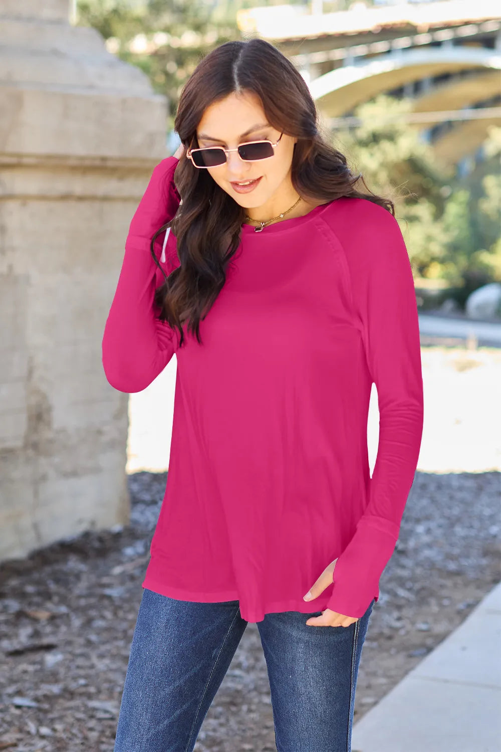 Hot Pink Relaxed raglan long sleeve round neck tee
