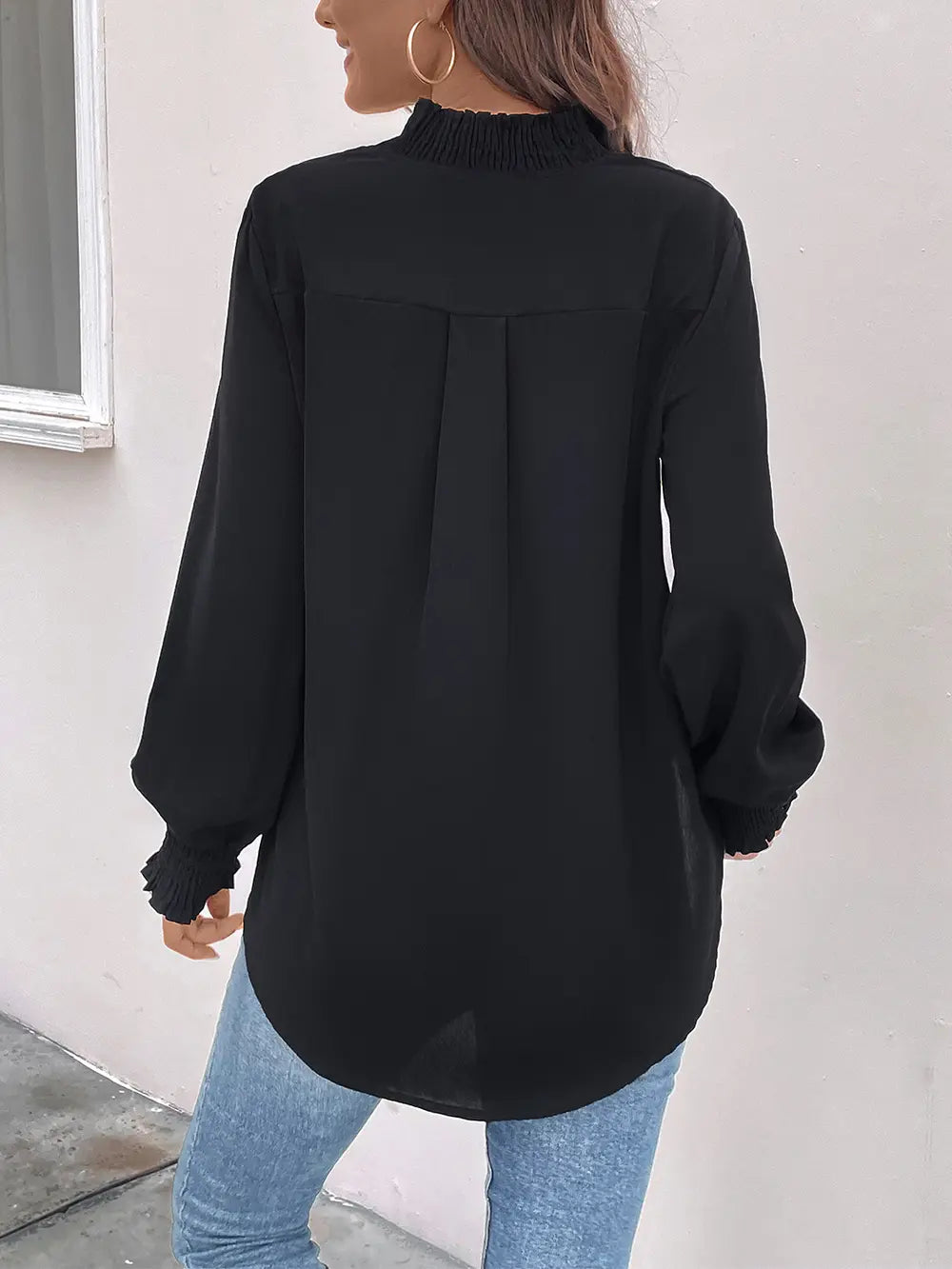 Smocked ruffle-cuff notched neck long sleeve blouse