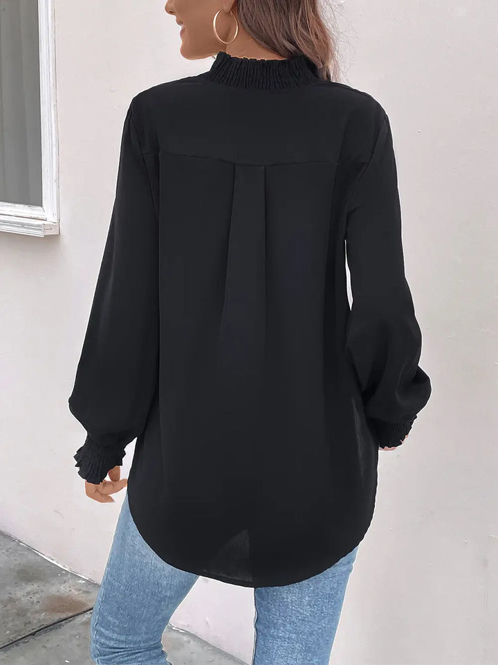 Smocked ruffle-cuff notched neck long sleeve blouse