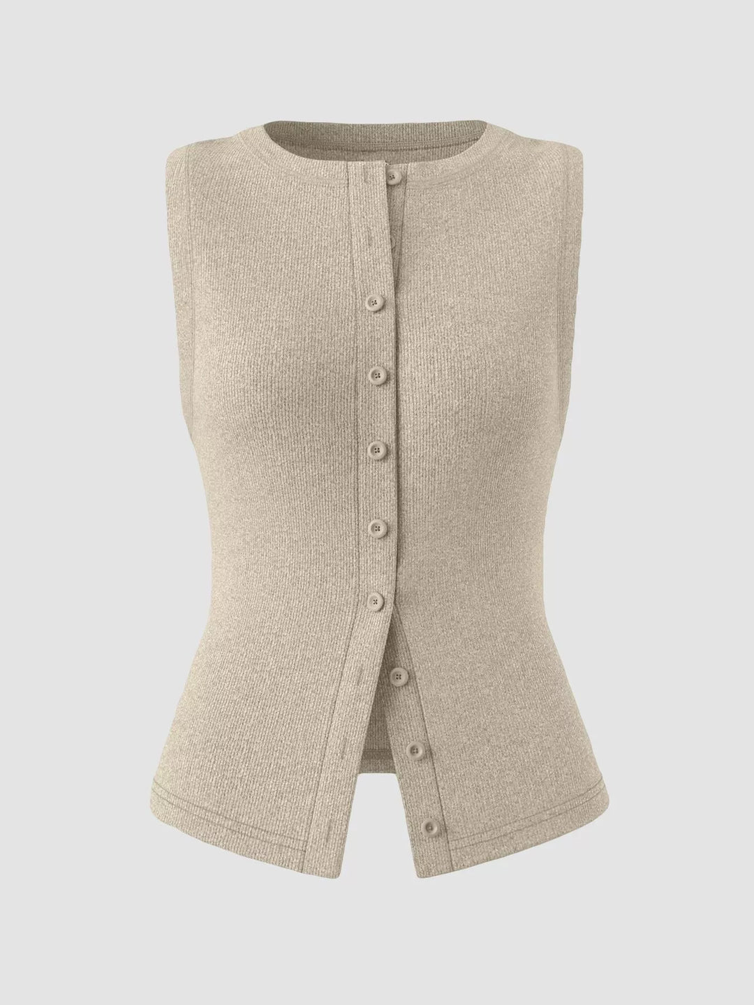 Ribbed mock-neck button-front sleeveless tank