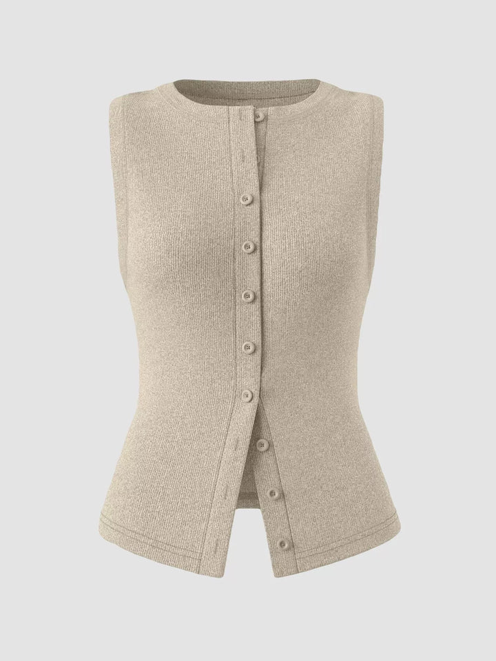 Ribbed mock-neck button-front sleeveless tank