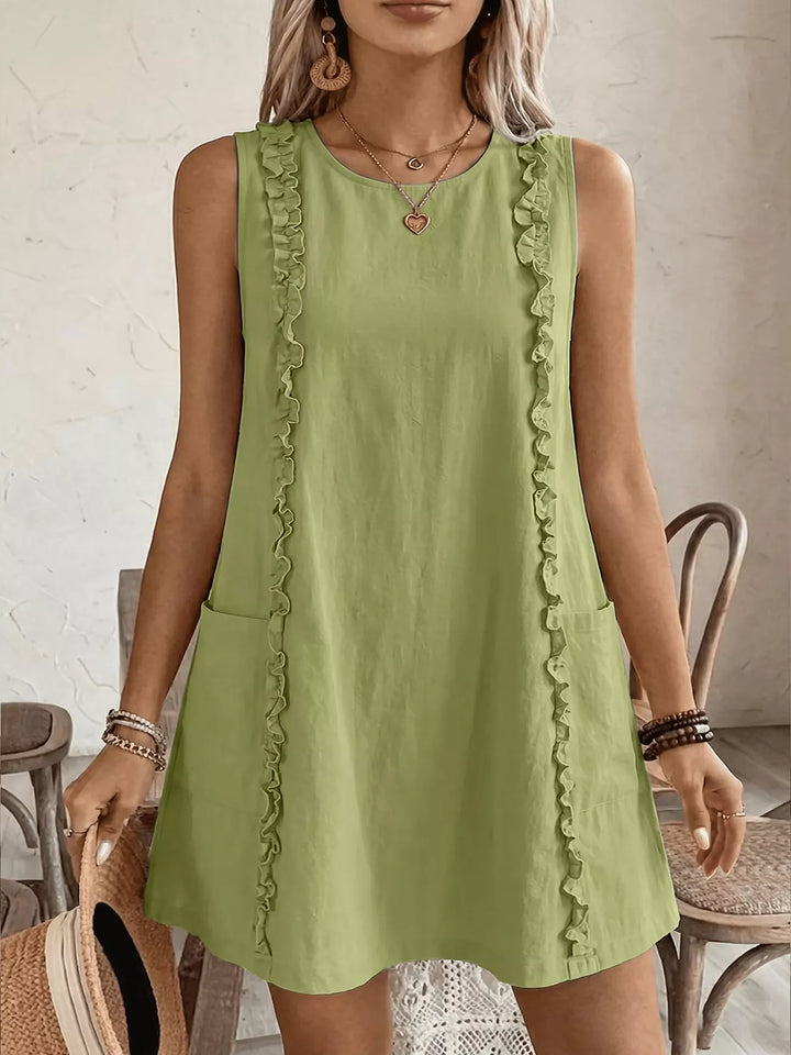 Yellow-Green Ruffle-trim sleeveless mini dress with side pockets