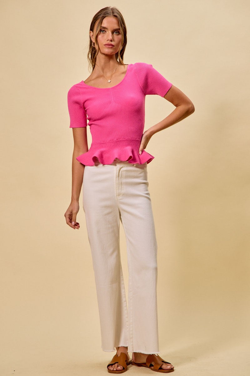 Ribbed knit peplum top with short sleeves and scoop neck