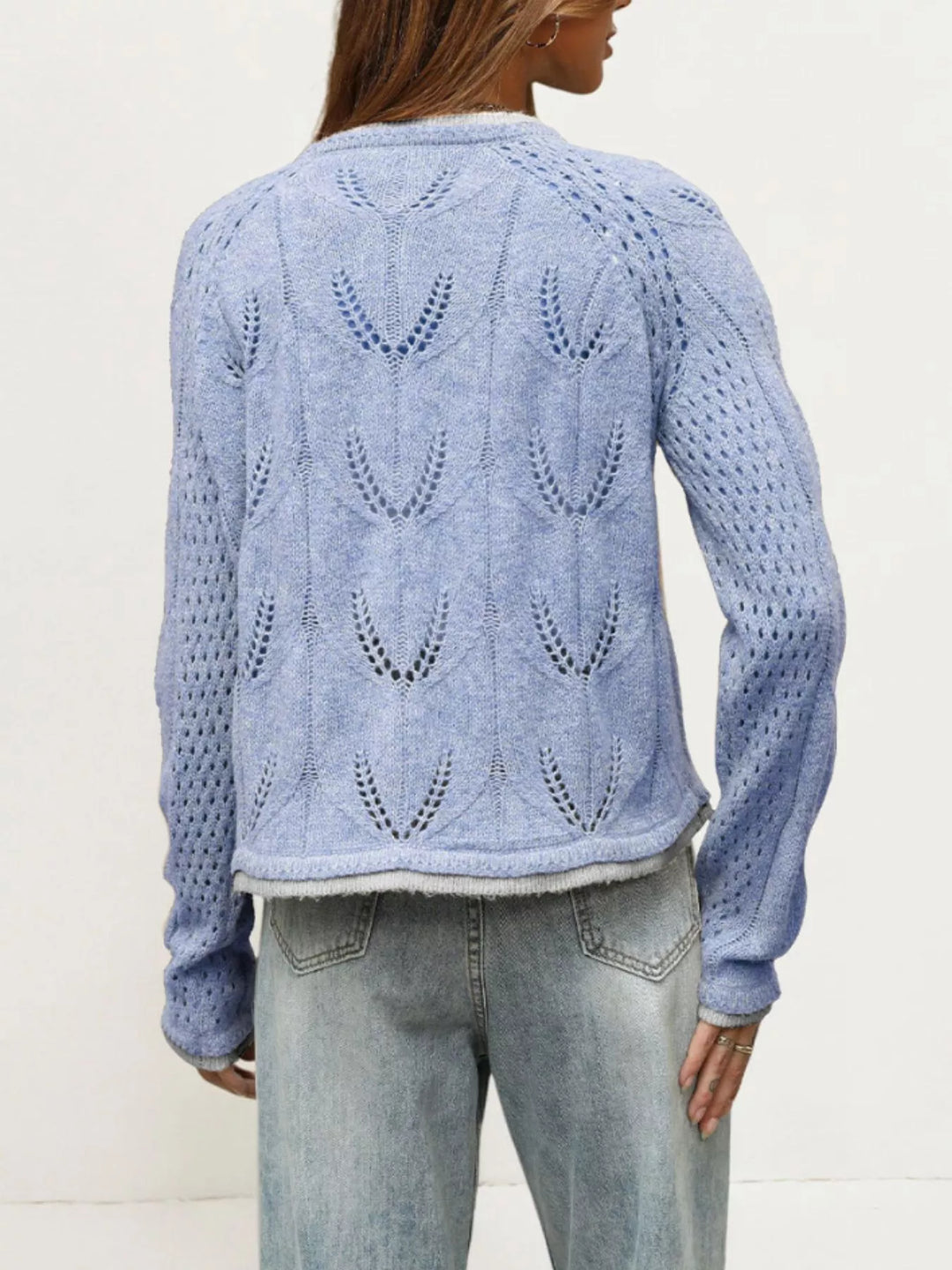 Pointelle openwork knit button-down cardigan