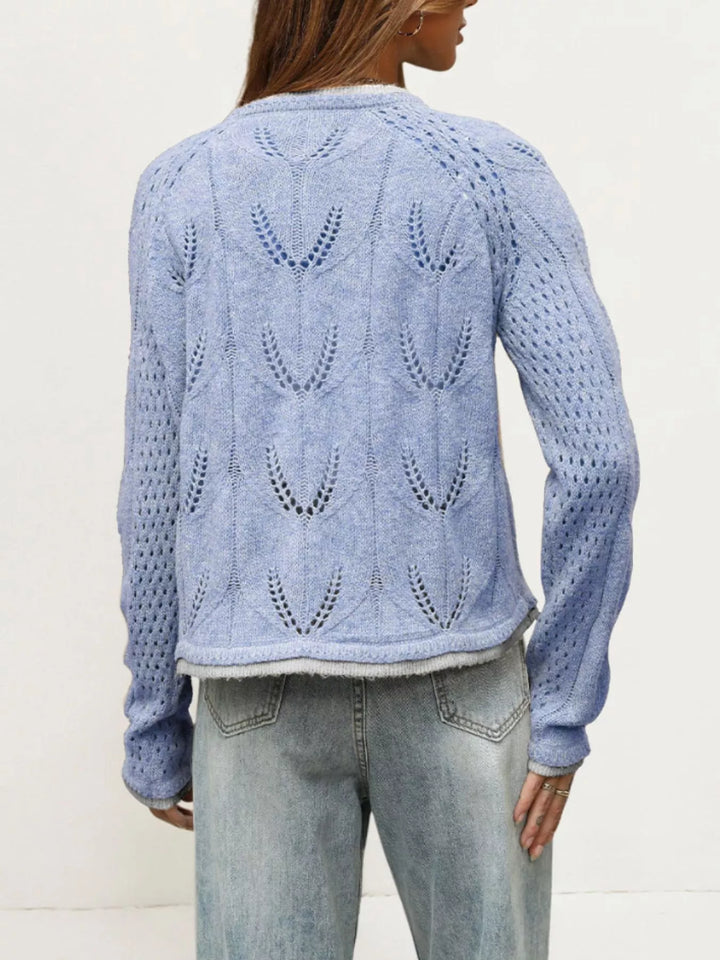 Pointelle openwork knit button-down cardigan