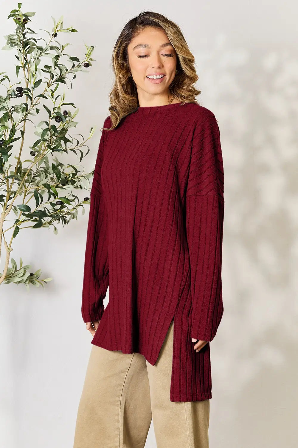 Ribbed knit long sleeve tunic top with side slits