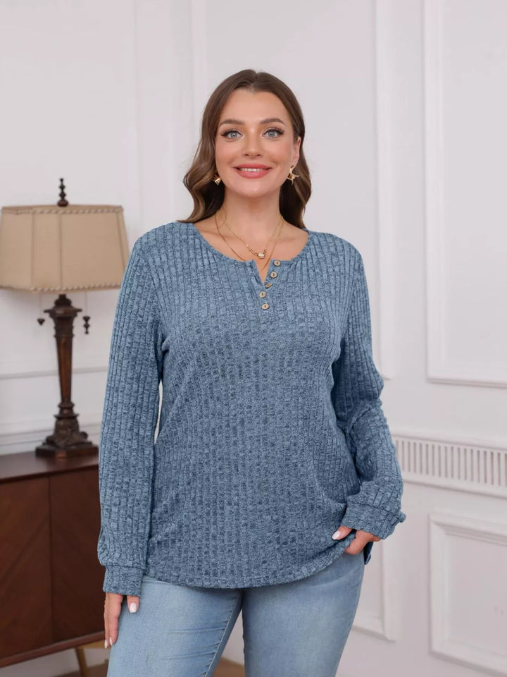 Ribbed knit button henley long sleeve top
