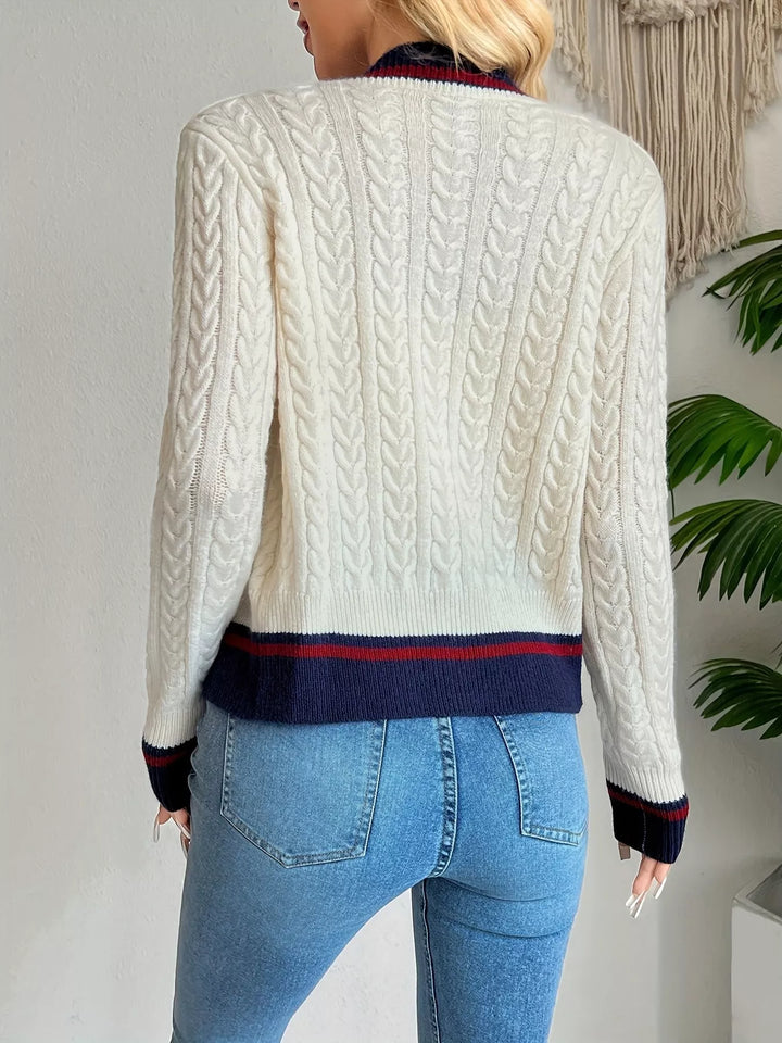 Cable knit cardigan with contrast trim and gold buttons
