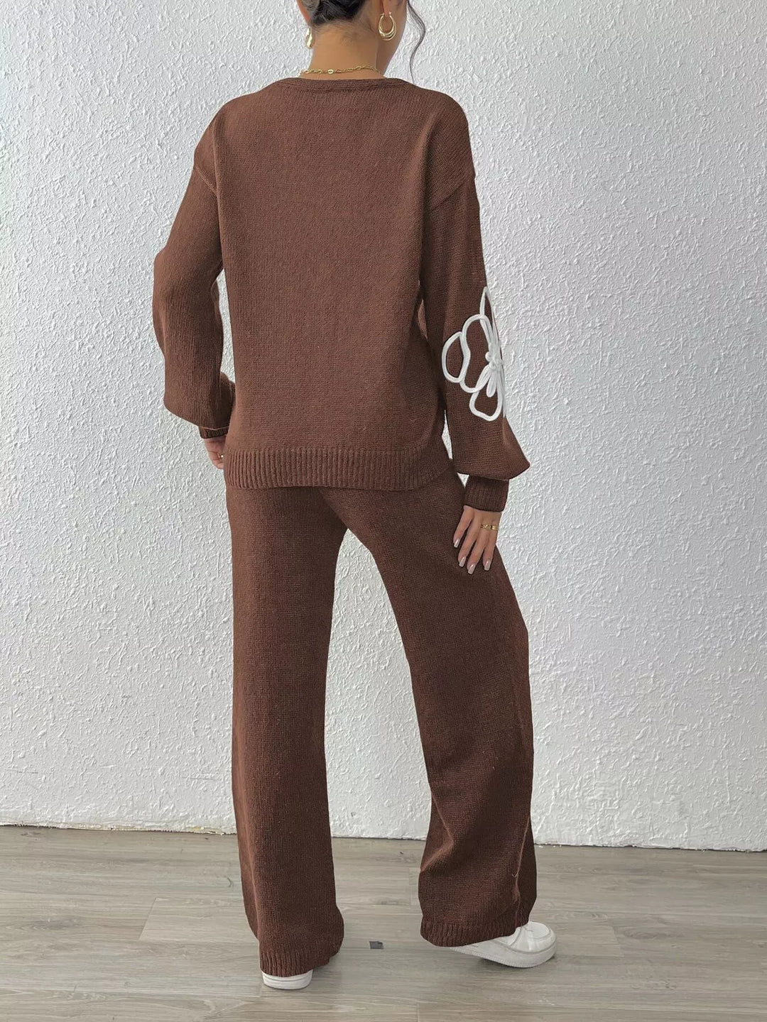 Floral embroidered V-neck sweater set with wide-leg pants
