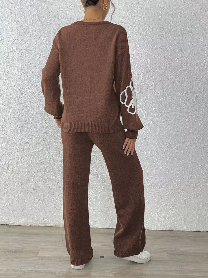 Floral embroidered V-neck sweater set with wide-leg pants
