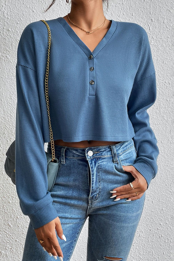 Dusty Blue Cropped waffle-knit henley top with V-neck button placket