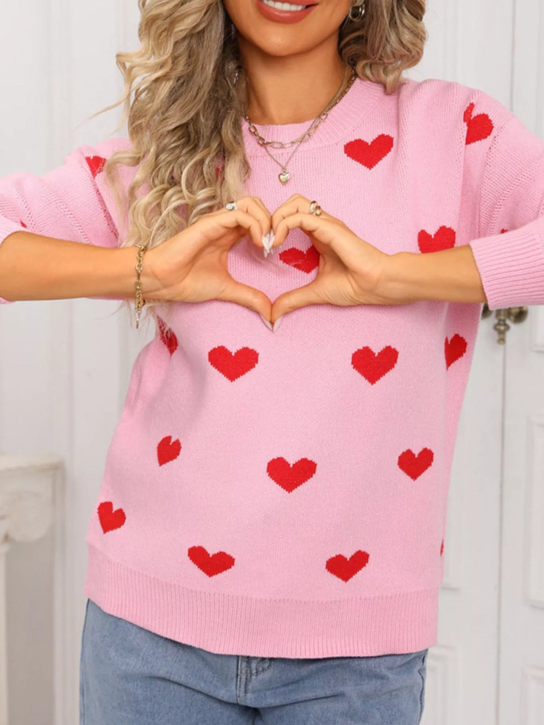 Heart pattern dropped shoulder crew neck sweater