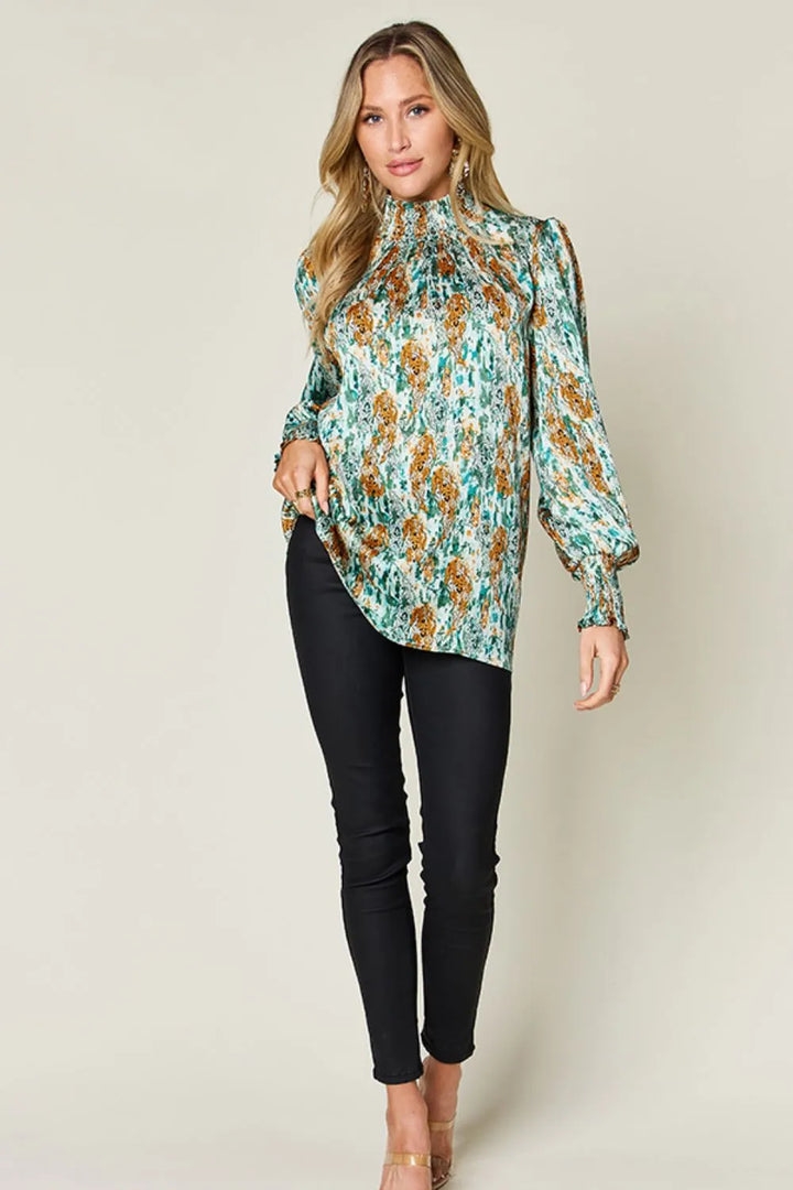 Printed smocked frill mock neck long sleeve blouse