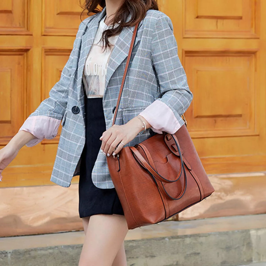 Buckle-strap faux leather shoulder tote bag