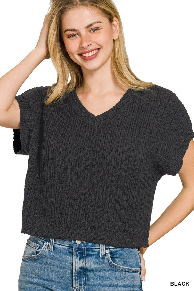Textured knit v-neck short sleeve crop top