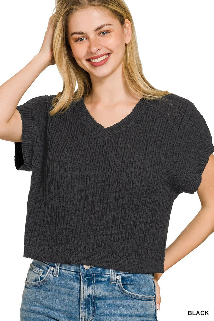 Textured knit v-neck short sleeve crop top