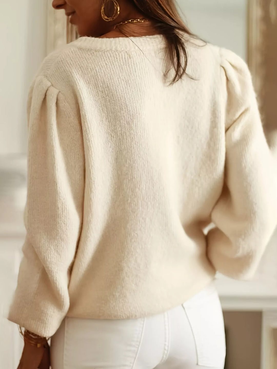 Button-down eyelet knit cardigan with puff sleeves