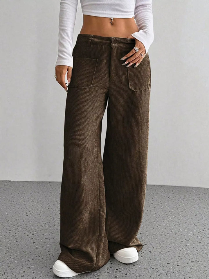 Wide-leg corduroy pants with front patch pockets