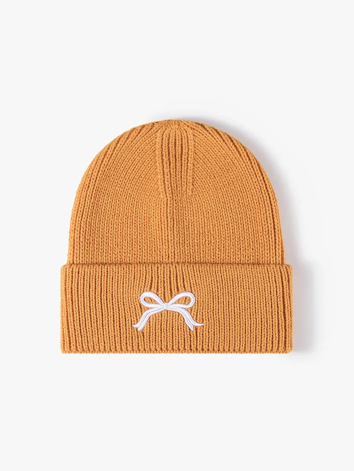 Tangerine Embroidered bow ribbed knit cuffed beanie hat