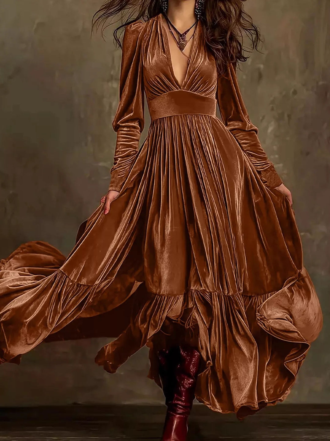 Brown Velvet tiered ruffle maxi dress with plunging V-neck