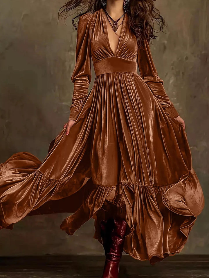Brown Velvet tiered ruffle maxi dress with plunging V-neck