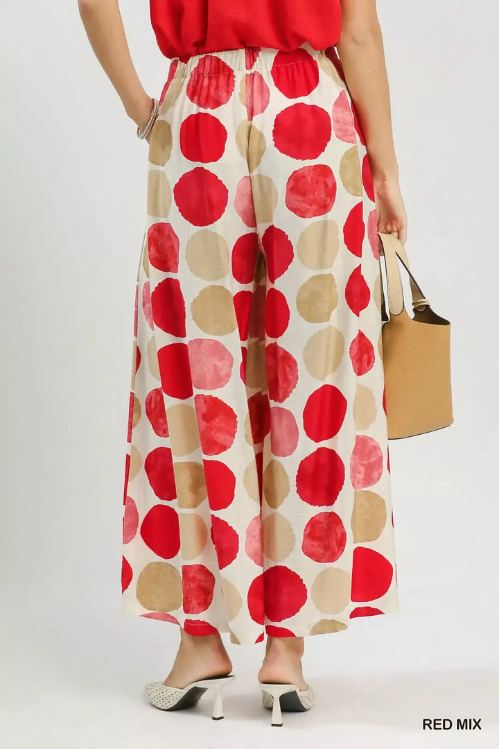 Watercolor dot print wide leg pants with side pockets