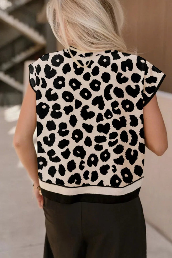 Leopard print mock neck cap sleeve sweater top