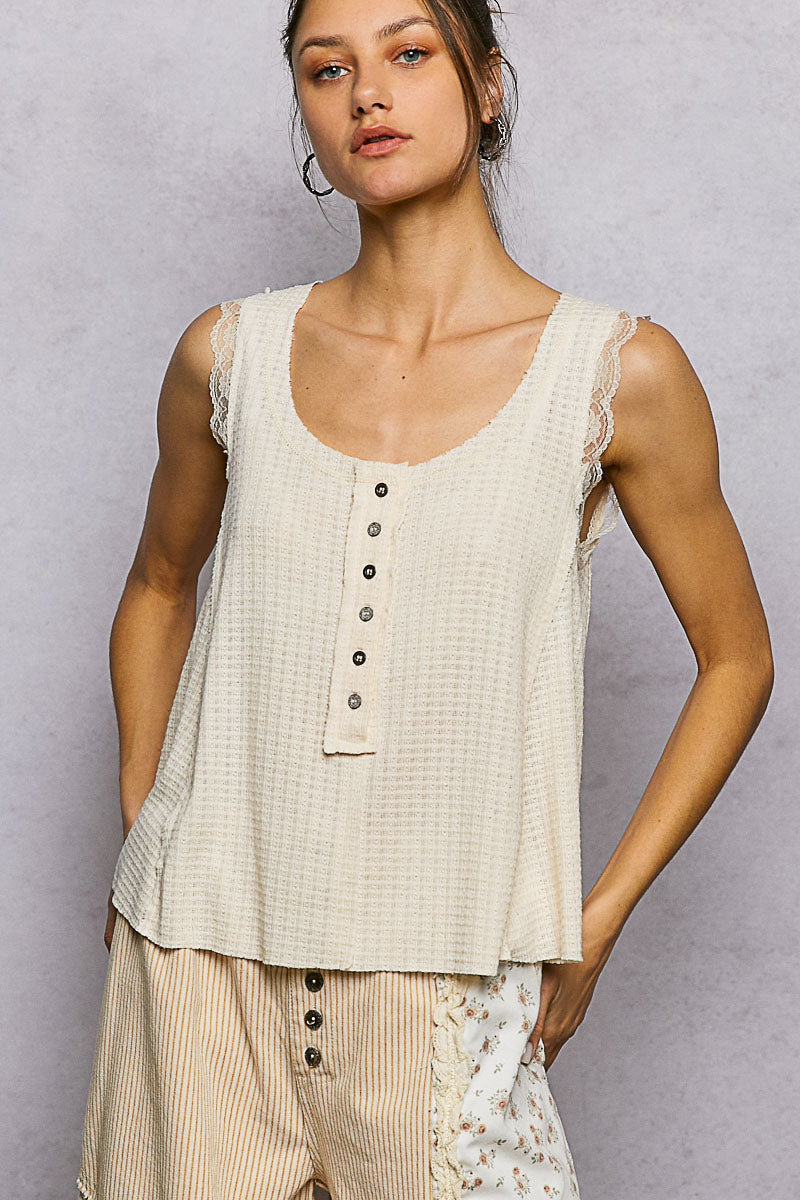 Textured waffle knit tank with lace trim and button placket