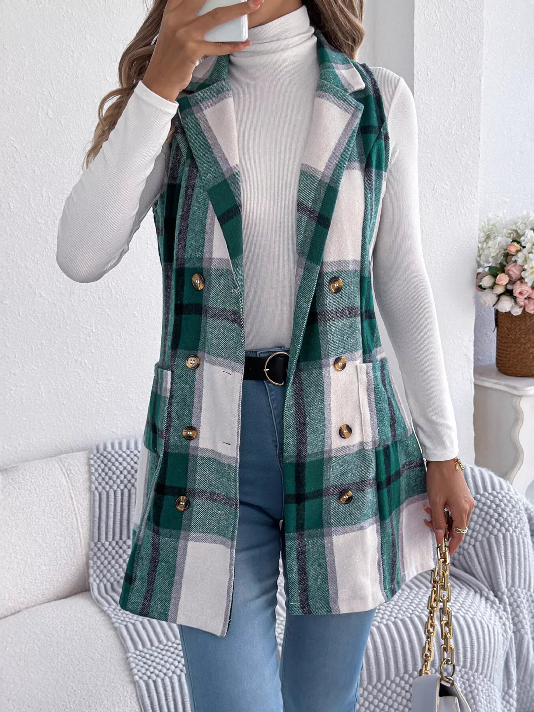 Plaid double-breasted longline vest coat with notched lapel