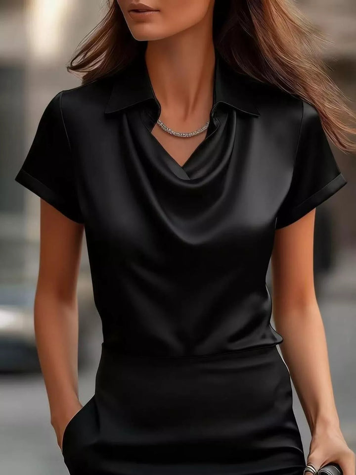 Black Cowl neck satin blouse with collar and cuffed short sleeves