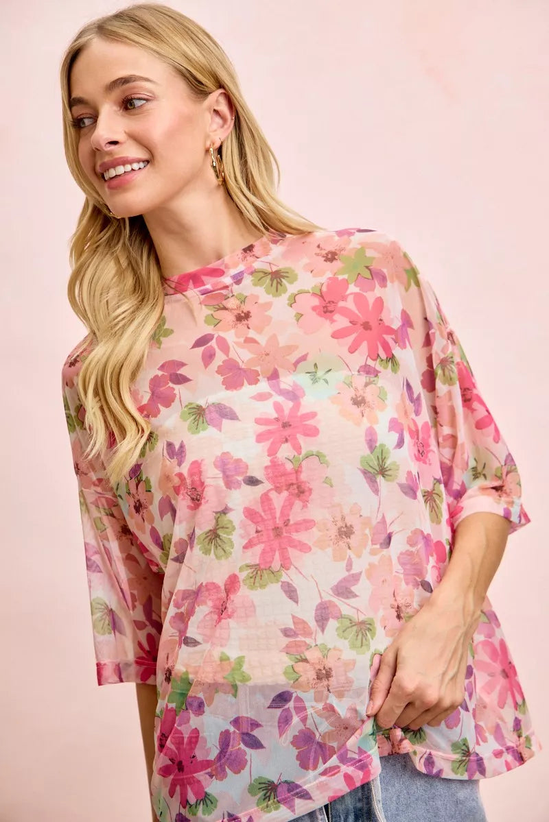Sheer floral mesh boxy top with short sleeves