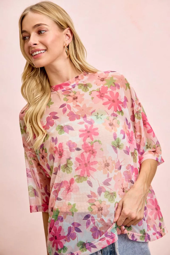 Sheer floral mesh boxy top with short sleeves