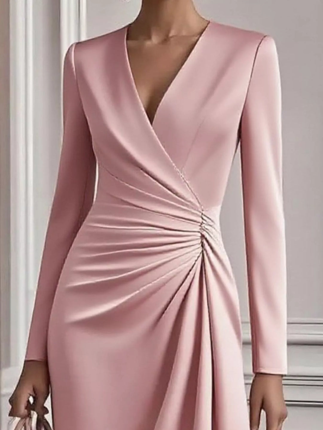 Ruched surplice long sleeve midi dress with asymmetric hem