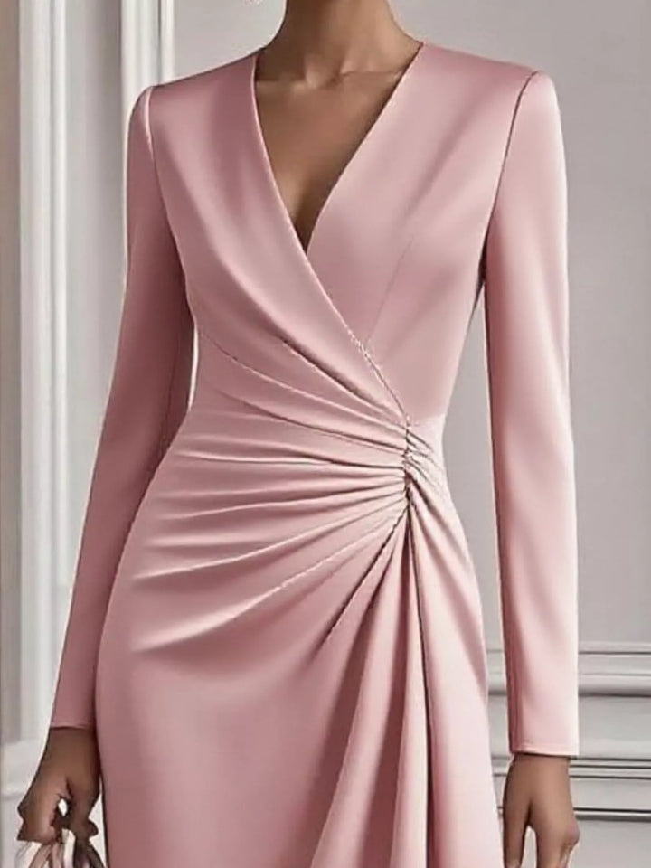 Ruched surplice long sleeve midi dress with asymmetric hem