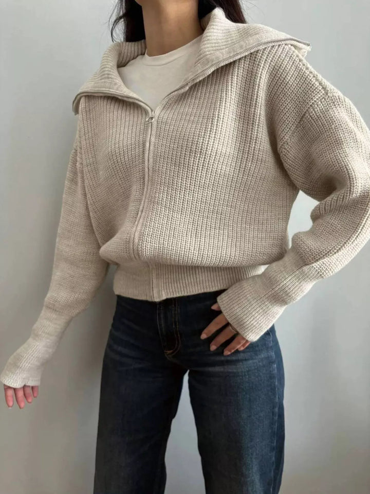 Chunky two-way zip sweater jacket with foldover collar