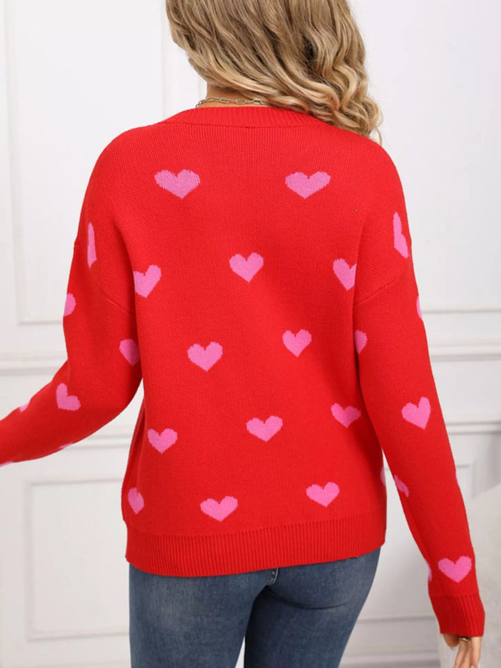 Heart pattern dropped shoulder crew neck sweater