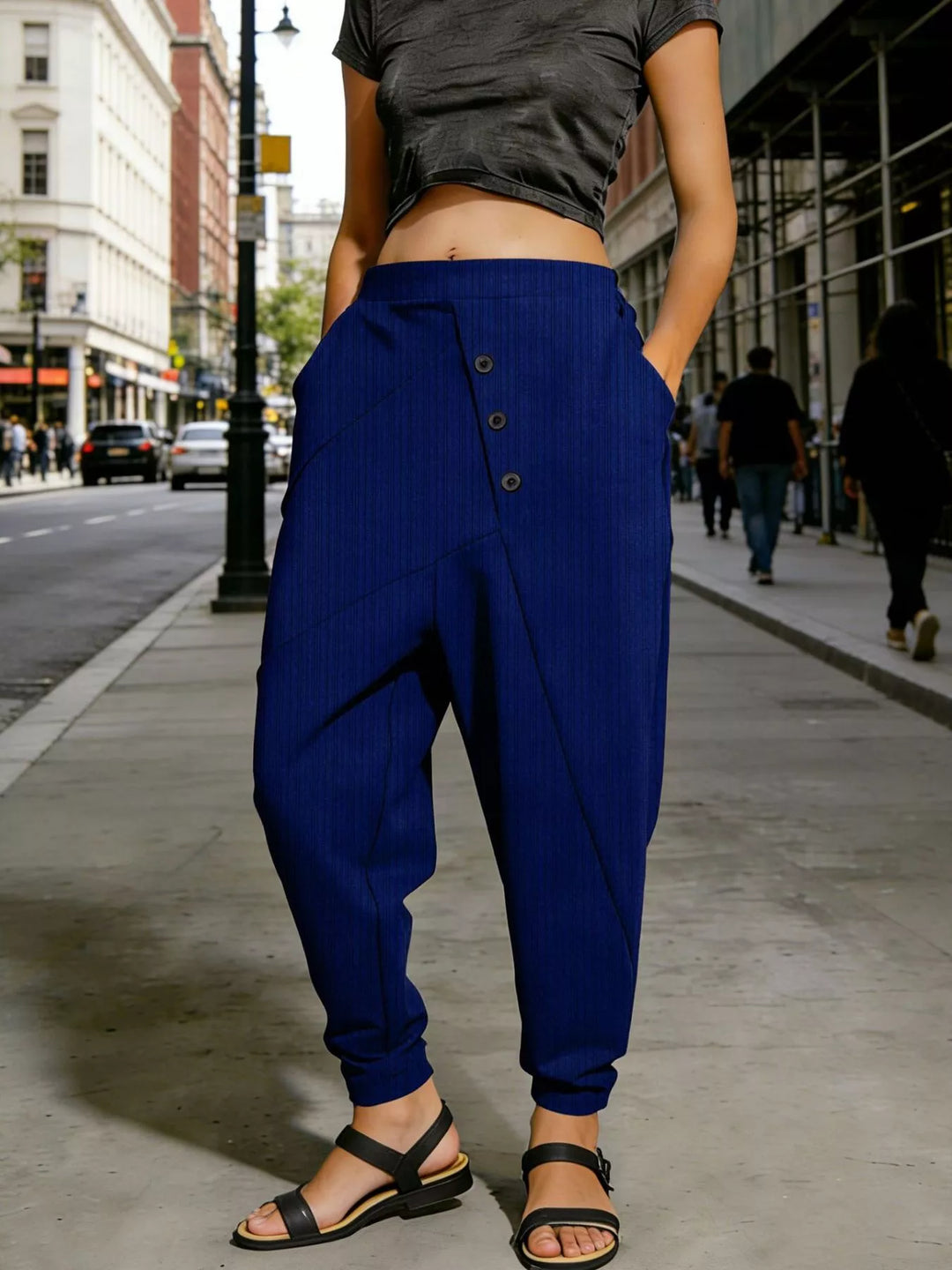 Dark Blue Plus size ribbed harem pants with decorative buttons