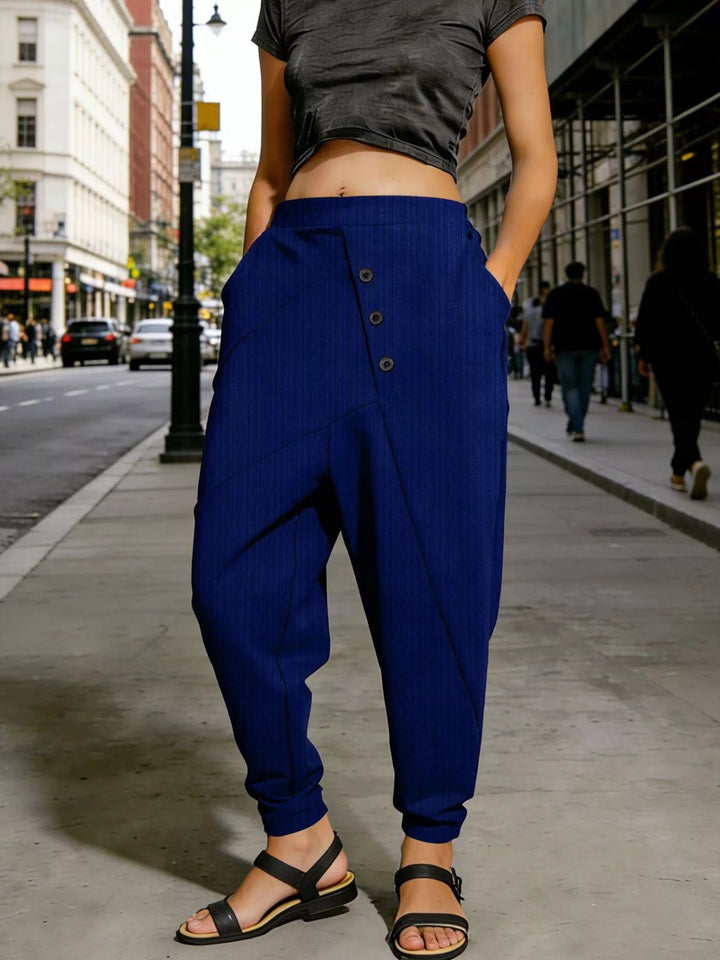 Dark Blue Plus size ribbed harem pants with decorative buttons