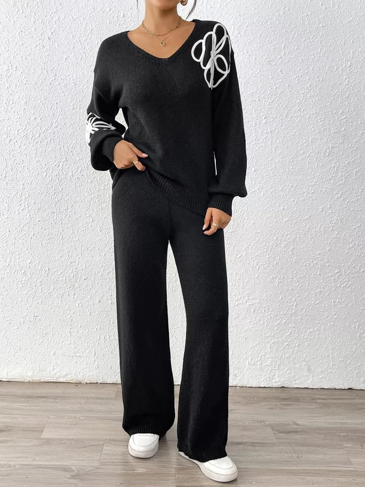 Floral embroidered V-neck sweater set with wide-leg pants