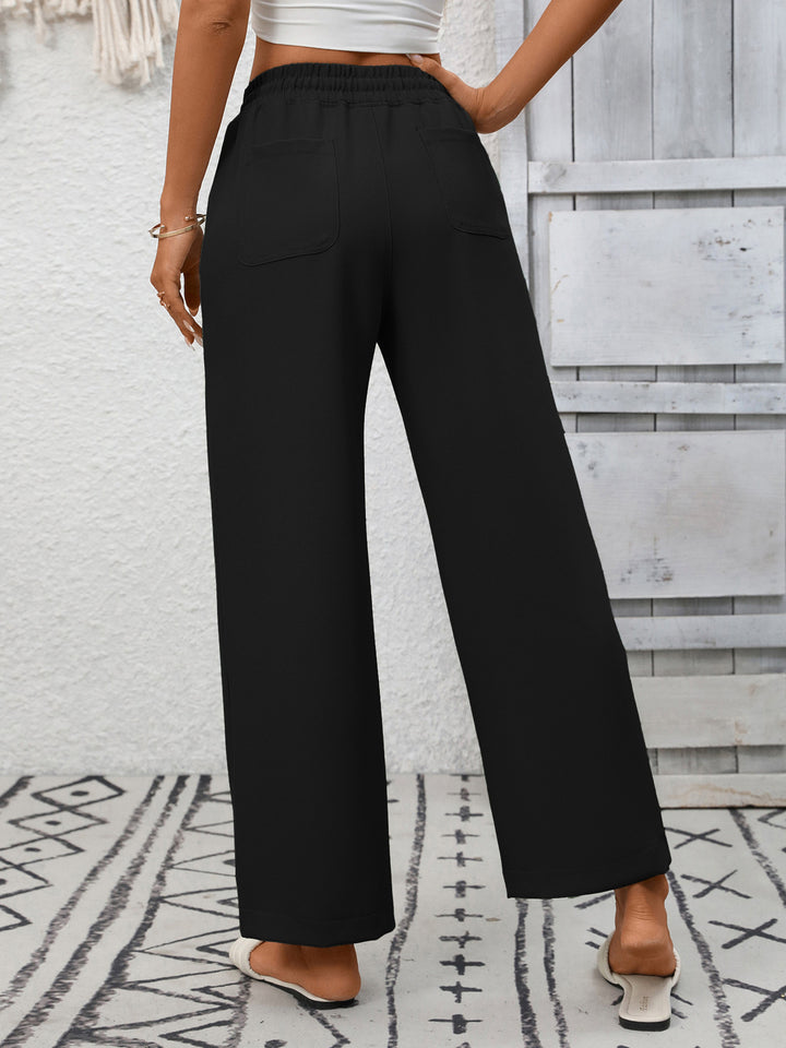 Drawstring wide leg pants with patch pockets