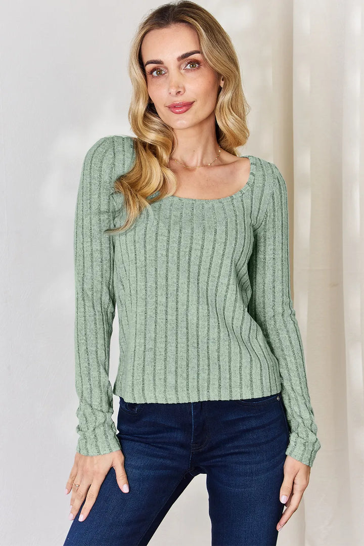 Light Green Ribbed scoop neck long sleeve fitted top