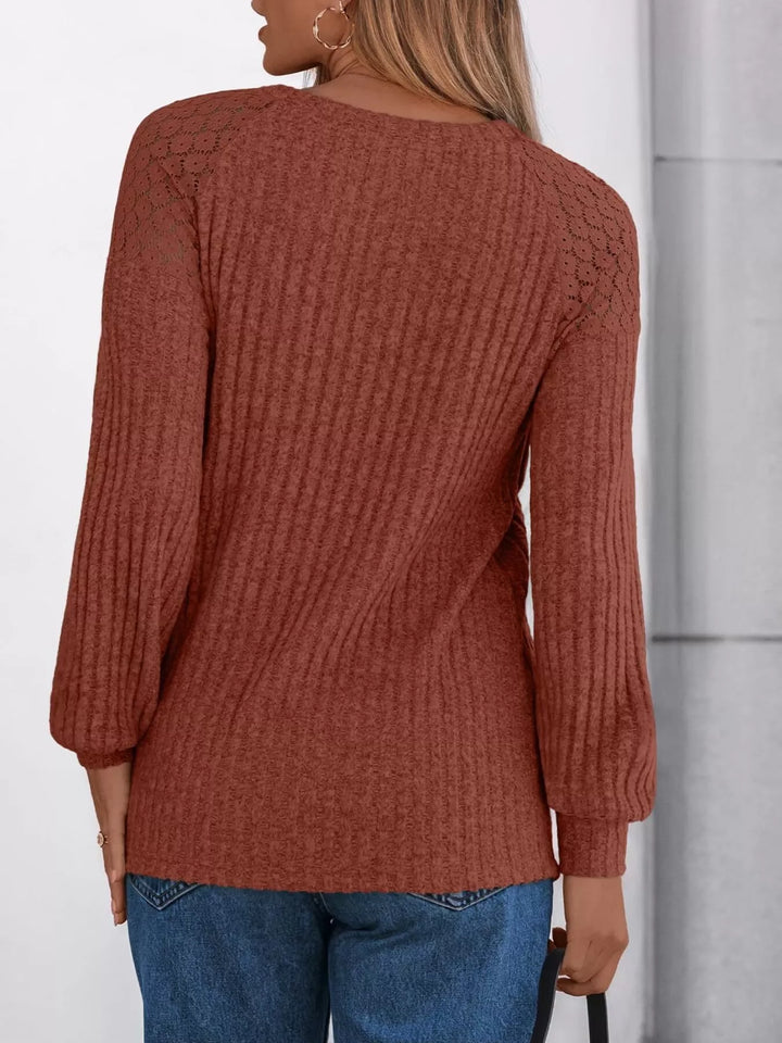 Ribbed knit long sleeve top with lace shoulder detail