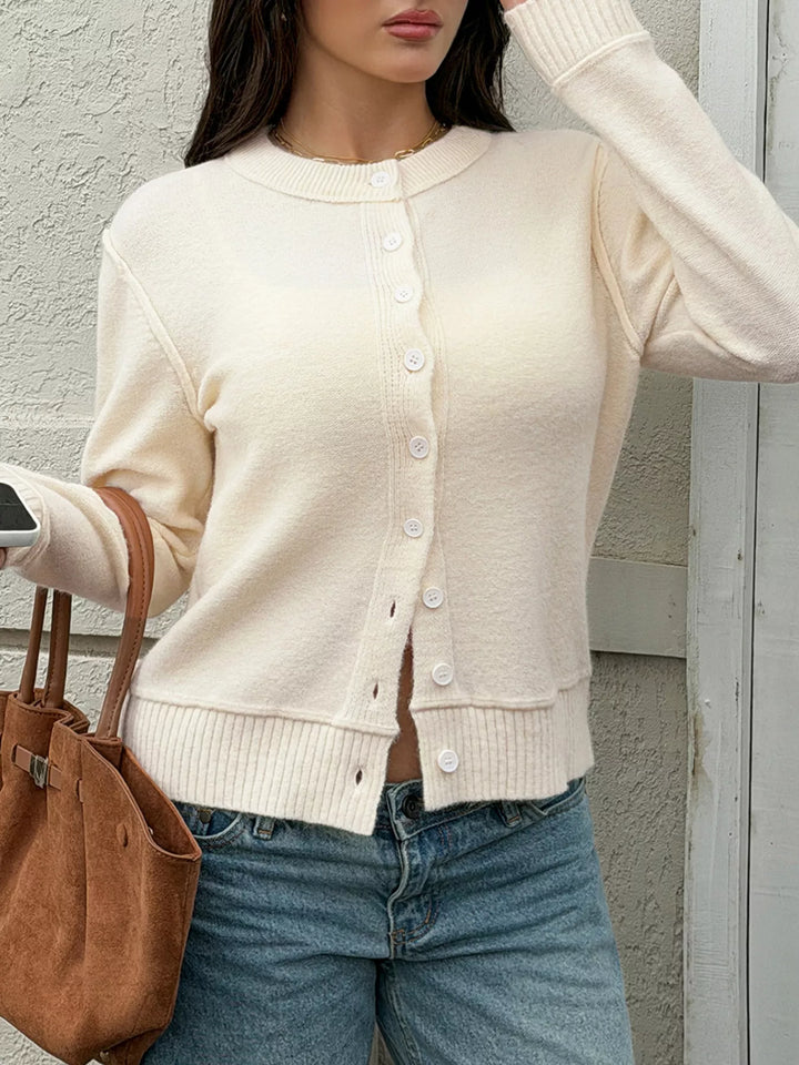 Beige Button-front crew neck knit cardigan with ribbed trim